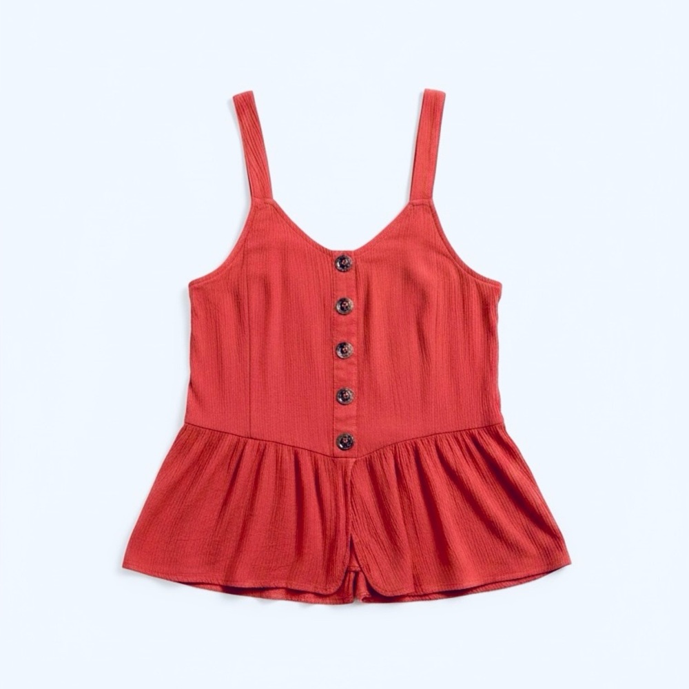 1775 Women’s Rust Ribbed Button-Front Peplum Tank Top  Small Boho Babydoll